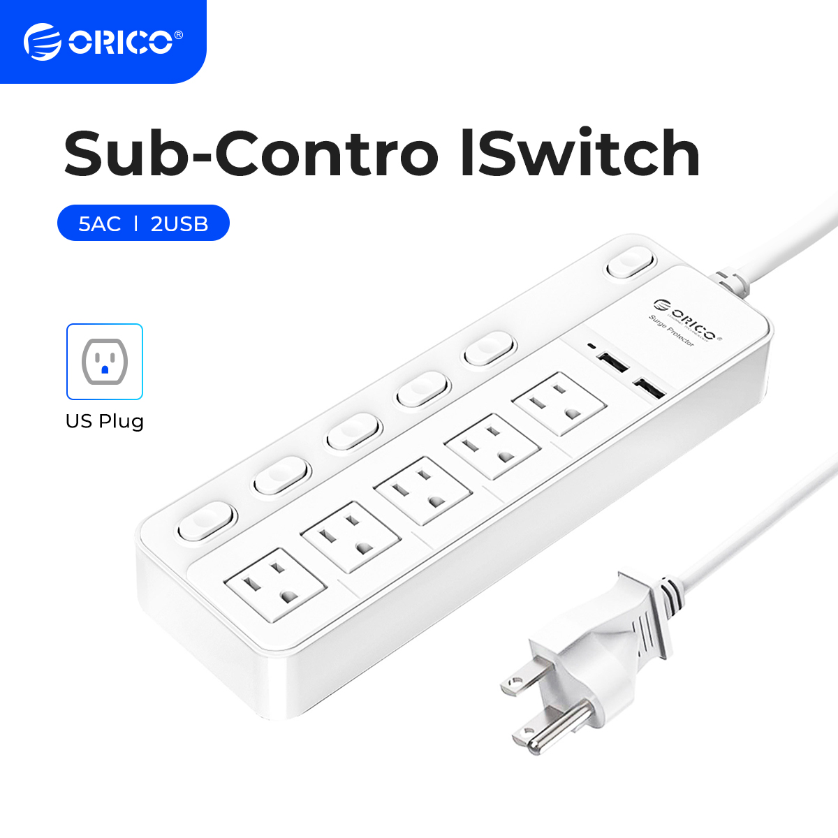 ORICO 5AC Outlets Power Strip US Plug 2 USB Charging