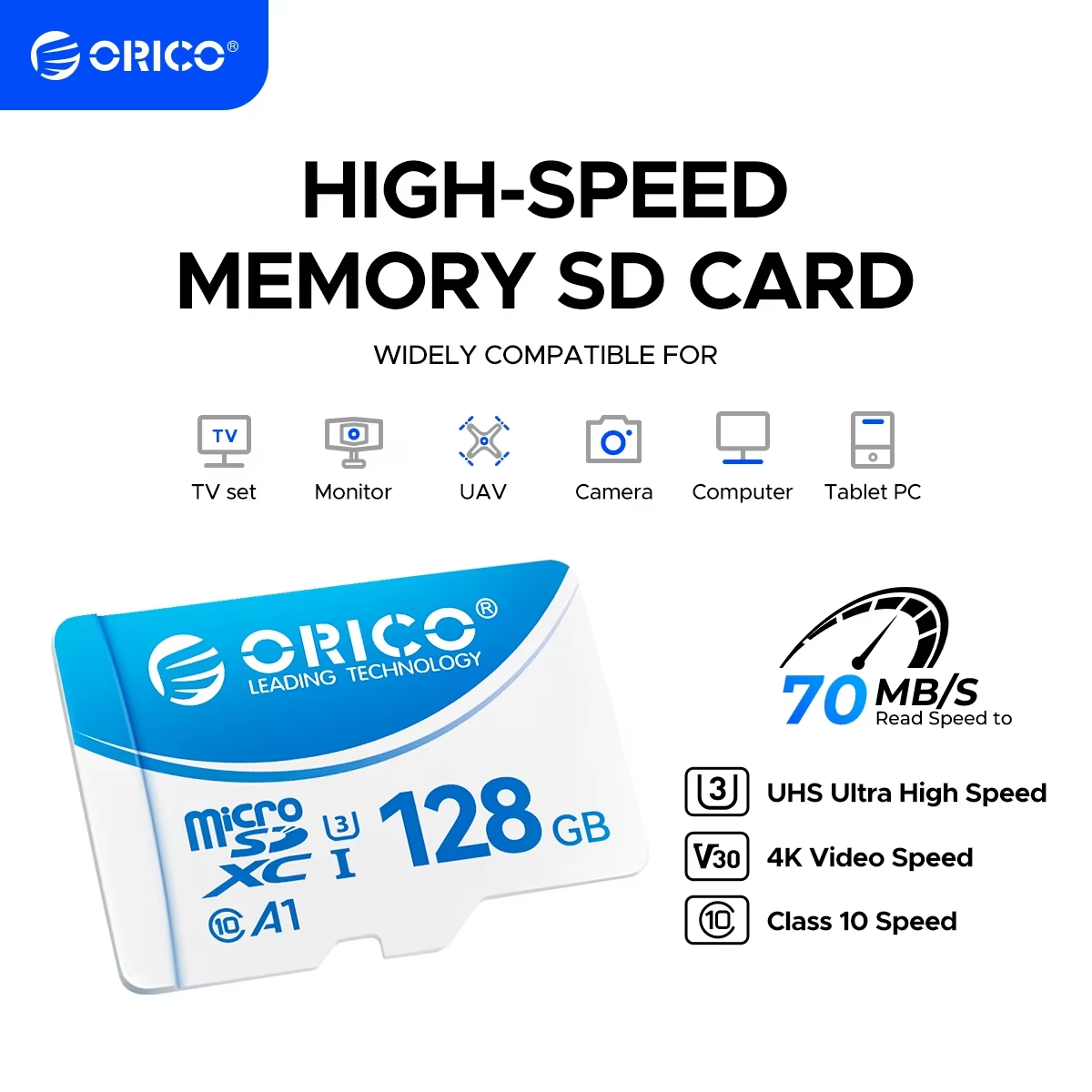 Card de memorie ORICO T3 microSDXC UHS-I de 128 GB, 70