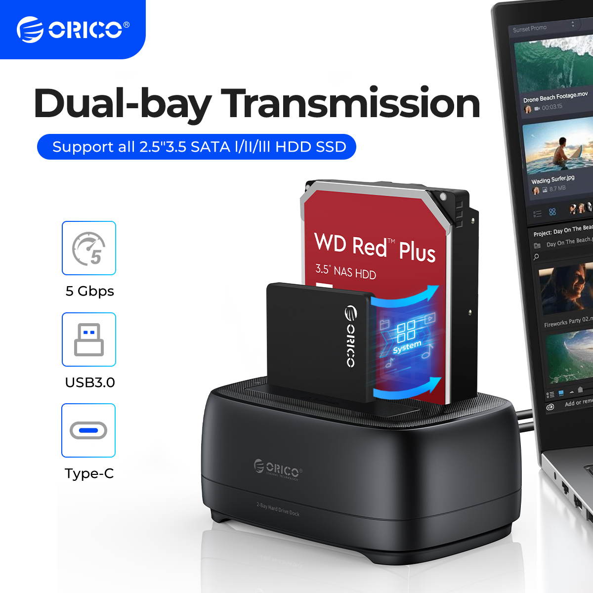 ORICO Dual-bay Hard Drive Station USB3.0 5Gbps Type-C
