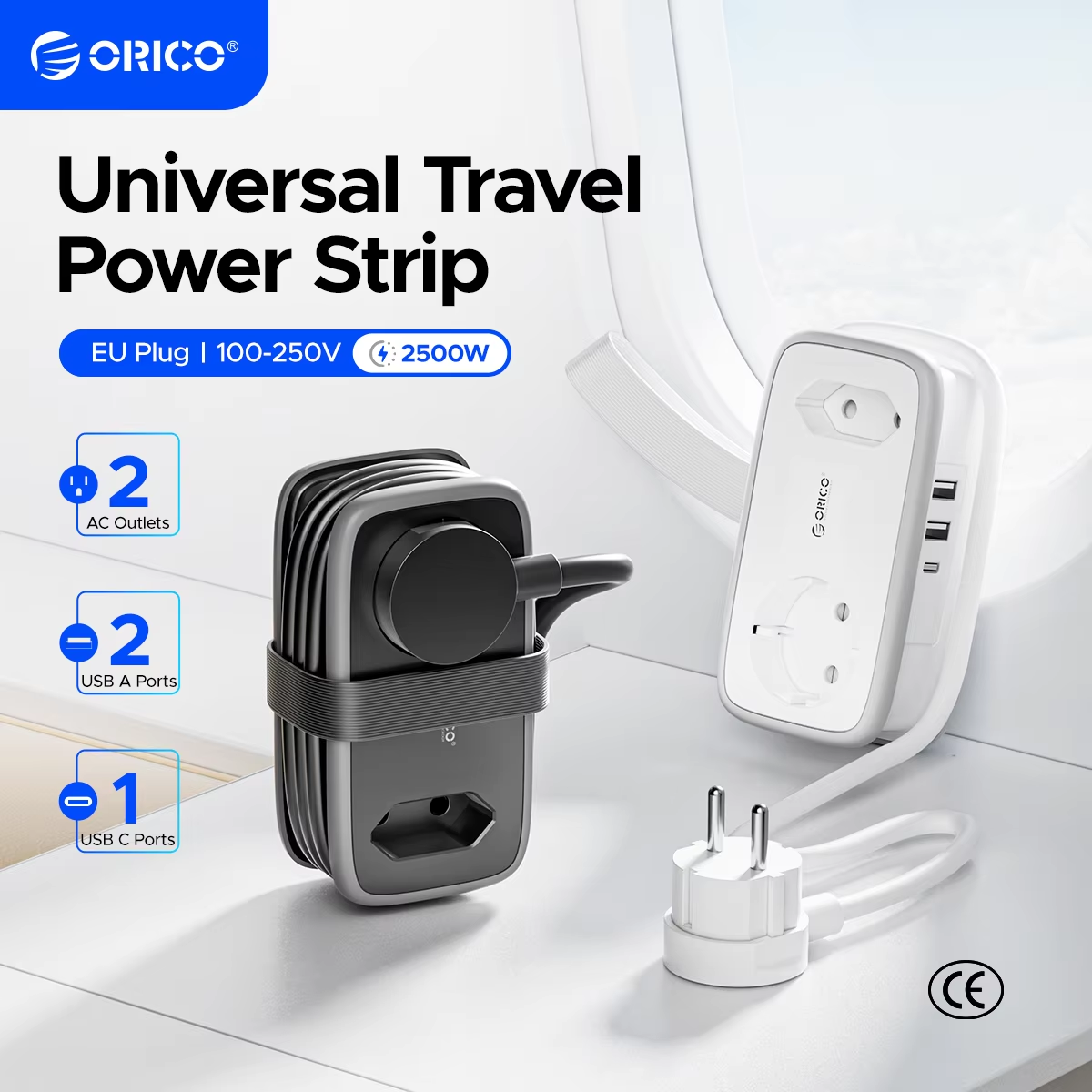 ORICO EU Plug Travel Power Strip with 2AC 3USB Port