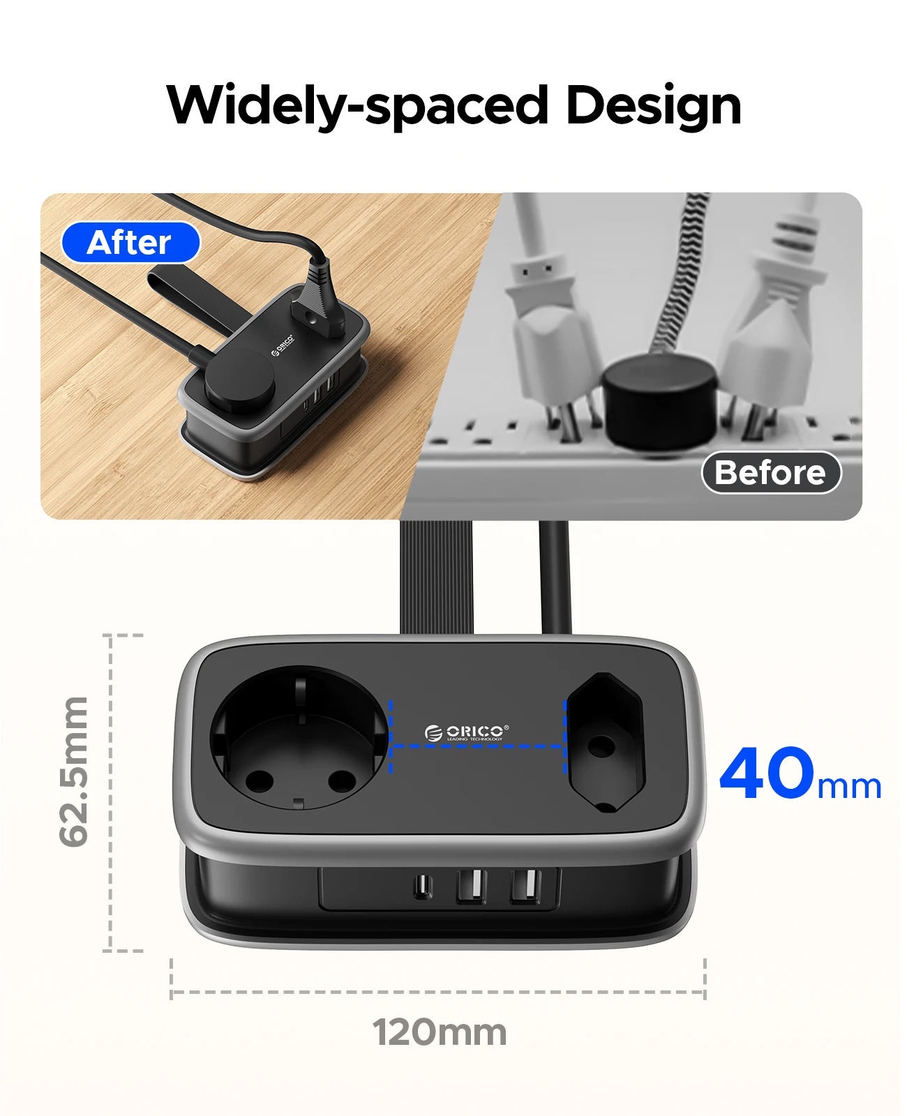 ORICO EU Plug Travel Power Strip with 2AC 3USB Port