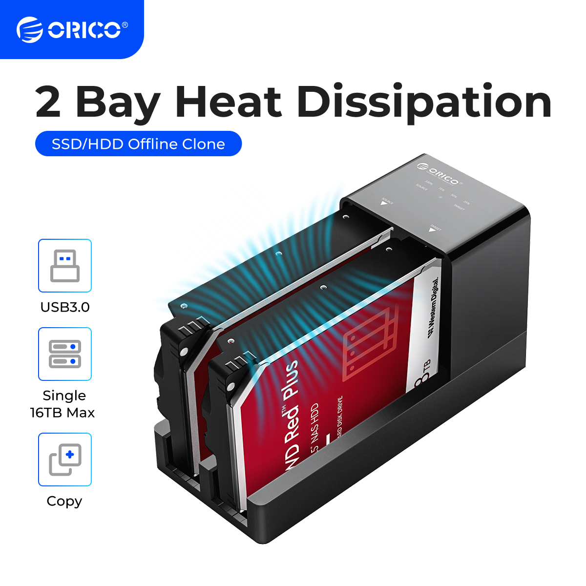 ORICO 2-bay HDD-dockingstation met offline kloonfunctie