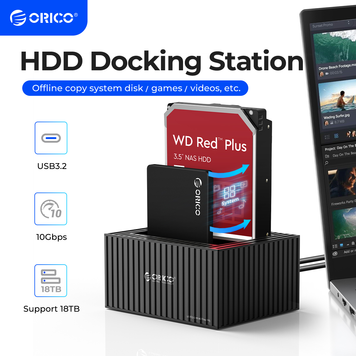 ORICOデュアルベイドッキングステーション、Type-C、5Gbps、2.5