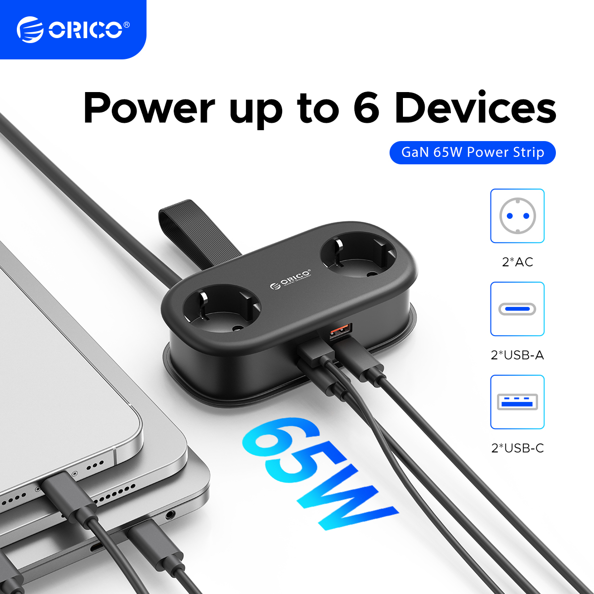 ORICO EU Plug GaN 65W Electrical Power Strip 2 AC