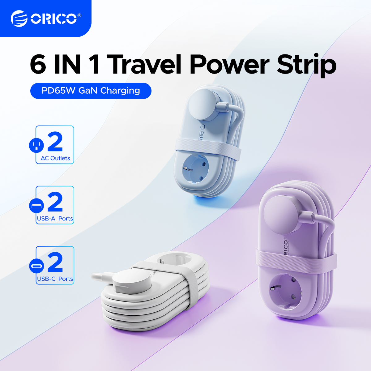 ORICO Cable-Wrap Portable Travel Power Strip 65W GaN