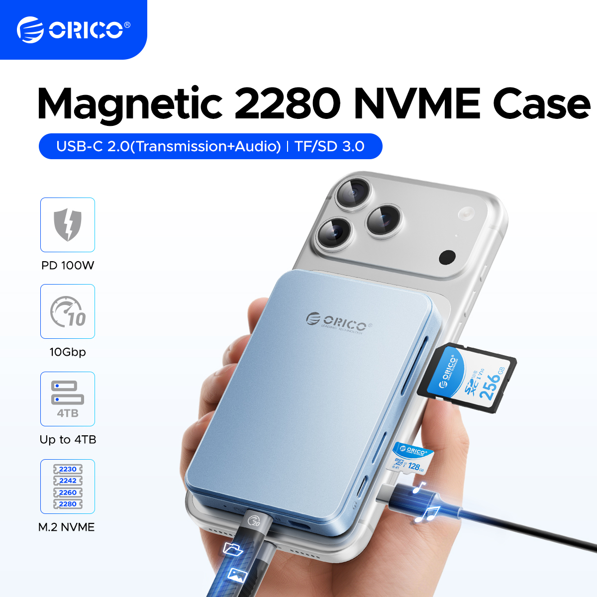 ORICO Magnetic M.2 NVMe SSD باکس 10Gbps SD TF 3.0 کے