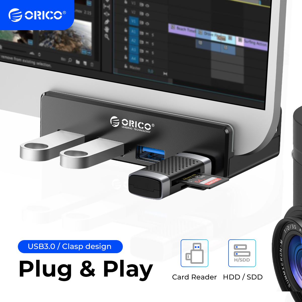 ORICO Aluminum 4 Ports USB 3.0 Clip HUB with Power